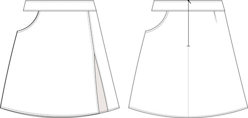 Fototapeta na wymiar low- cut slit zippered a line mini short skirt denim jean template technical drawing flat sketch cad mockup fashion woman design style model 