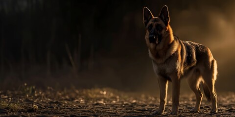 An attentive German Shepherd dog stands proudly in a field bathed in the warm golden light of a setting sun, highlighting its sharp features