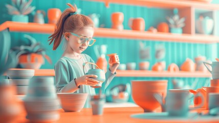 A young girl is carefully pouring water from a ceramic pitcher in a pottery studio. - obrazy, fototapety, plakaty
