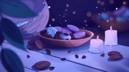 A wooden bowl filled with purple rocks and nuts sits on a wooden table. There are candles and other objects on the table. The background is dark blue with a starry night sky.