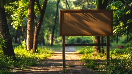 Front view of a wooden advertisement mockup at a green forest park Park indications and regulations : Generative AI