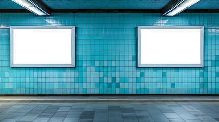 Two empty ad vertical posters templates on a metro platform blank information banners placeholders indoors a subway or a train station with two white billboards in front of a blue tile : Generative AI