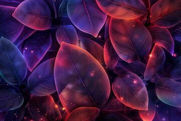 Neon leaves with glowing edges and detailed veins, vibrant nature background - obrazy, fototapety, plakaty