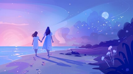 A mother and daughter walk hand-in-hand along a beach at sunset. The sky is a gradient of purple and pink, and the water is a deep blue. The sand is white and the footprints they leave behind are a li - obrazy, fototapety, plakaty