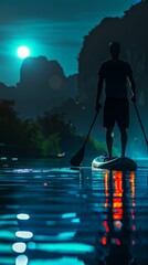a man stand up paddle boarding on a lake at night with a full moon - obrazy, fototapety, plakaty