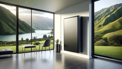 Battery on wall in sleek, modern home, big window shows New Zealand. Battery in a modern house, with a view of mountains through a big window.