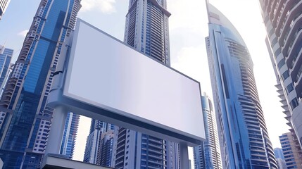 Obraz premium Mock up of blank horizontal white advertising billboard in Dubai with residential and office modern contemporary skyscrapers and sky behind : Generative AI