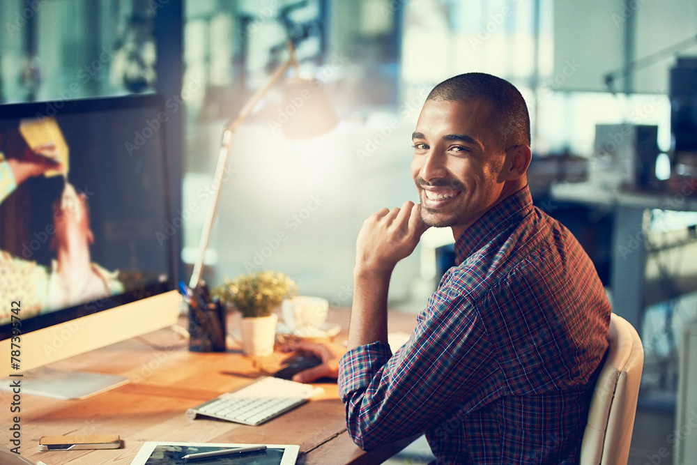 Aufkleber Man, portrait and night at office with smile, software developer with programming deadline and computer at desk. IT, working late with productivity and company server upgrade with tech at startup