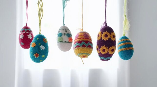 Easter egg shaped cotton thread handcrafts hanging from top. Concept of happy easter day.