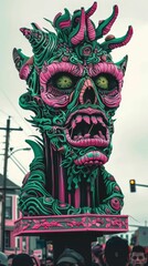 A green and pink Mardi Gras float shaped like a monster with large teeth and bulging eyes.
