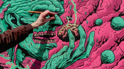 A graffiti of a green zombie eating a brain against a pink background.