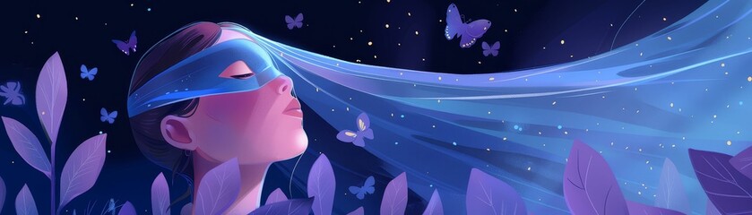 A girl wearing a blindfold made of butterflies with a starry night sky in the background. - obrazy, fototapety, plakaty