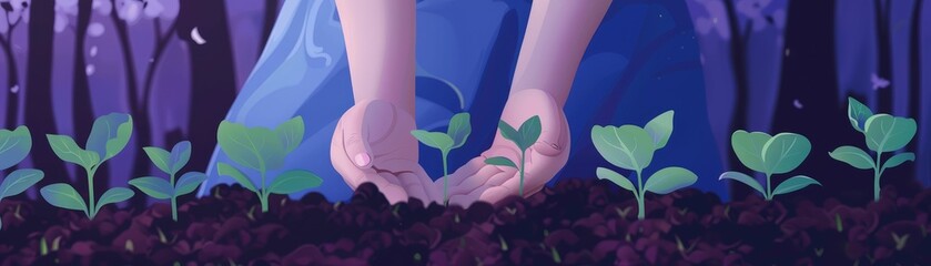 A girl is planting a seed in the ground. The background is a forest with purple trees.
