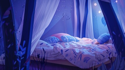 A four-poster bed with a night sky theme. The bed has a white sheet with blue and purple floral designs. The bed is canopied with a dark blue curtain that has a starry night sky design. The canopy is - obrazy, fototapety, plakaty