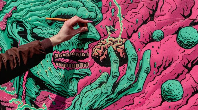 A graffiti of a green zombie eating a brain against a pink background.