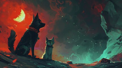 Imagine a magical world where dogs and cats possess supernatural abilities, such as telekinesis or shapeshifting Follow the adventures of a young dog and cat duo as they discover their powers and lear - obrazy, fototapety, plakaty