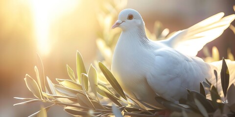 A symbol of peace, the gentle dove bathing in golden sunlight epitomizes hope and purity among olive branches - obrazy, fototapety, plakaty