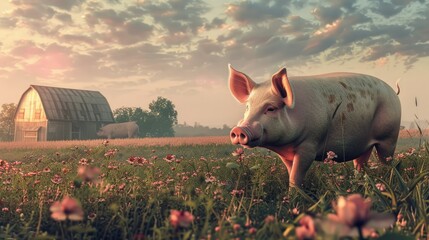 Pig in field on rural farm - obrazy, fototapety, plakaty