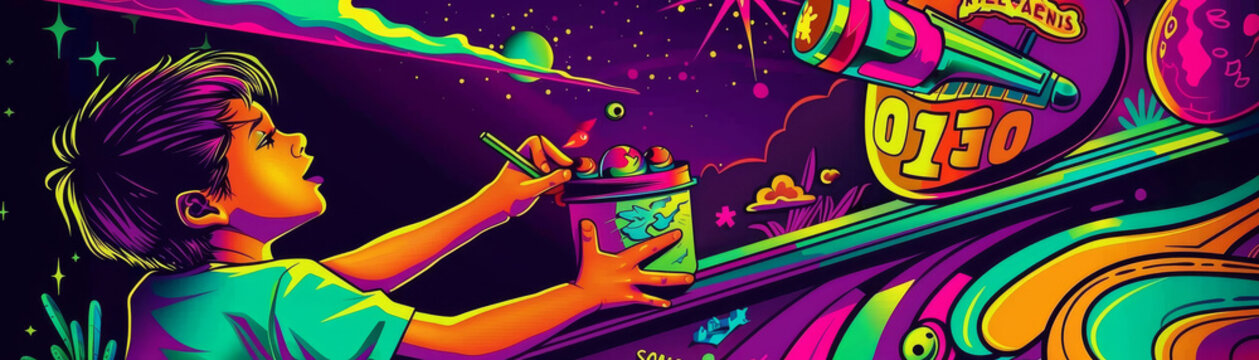 A boy eating cereal from a bowl while looking through a telescope at a rocket ship in space. The boy is wearing a spacesuit. The background is a colorful nebula.