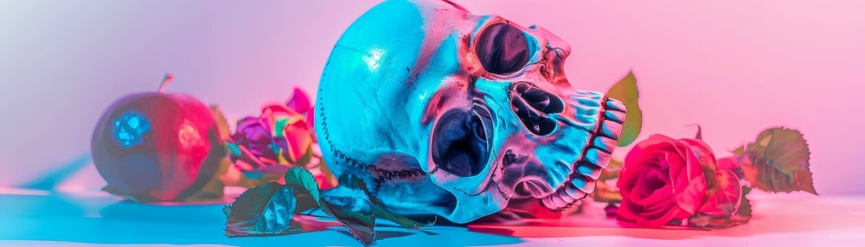 A blue skull with an apple and red roses on a white table with a pink background.
