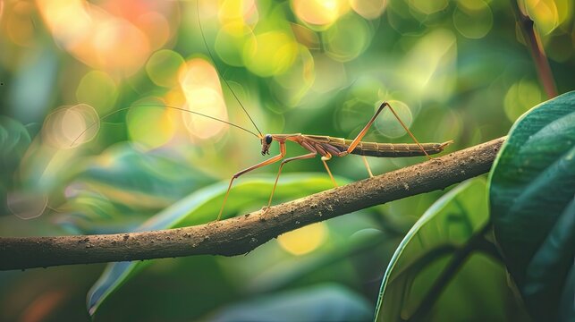 Macro image of a stick insect camouflaged among branches