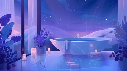 A bathroom with a large bathtub, a view of the mountains, and a starry night sky.