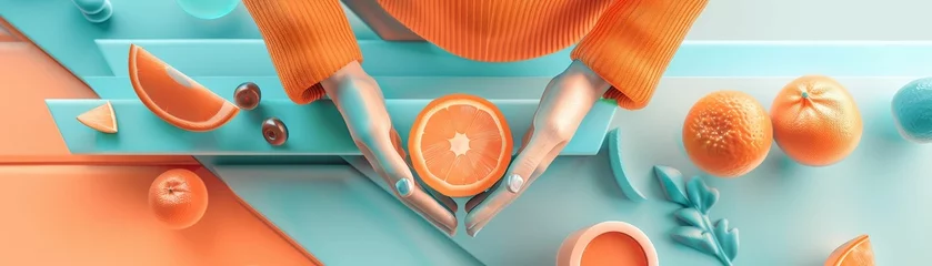 Foto op Plexiglas A 3D rendering of a person's hands holding an orange. The background is a blue and orange gradient, and there are other oranges and orange slices on the table. © Jiraphiphat