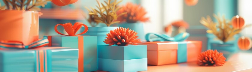 3d render of a still life with presents and flowers - obrazy, fototapety, plakaty