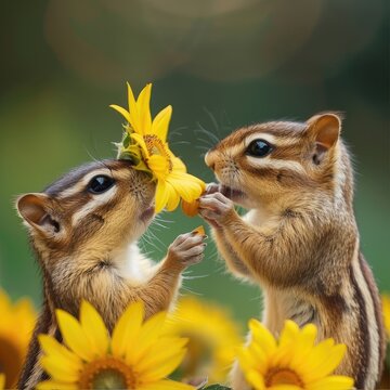 Two chipmunks sharing a sunflower seed