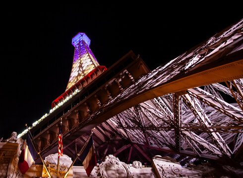 Las Vegas, Nevada, USA - November 7th, 2023: Eiffel Tower replica in Las Vegas from below