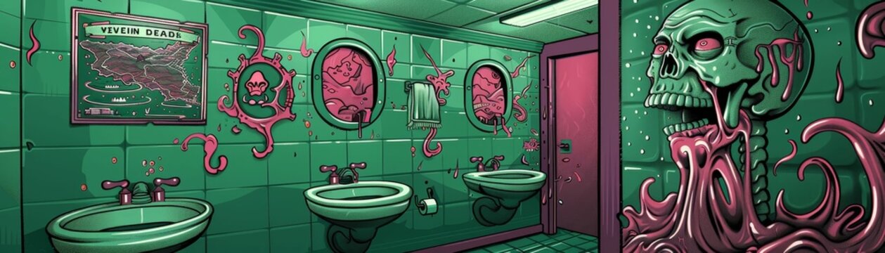 A bathroom with green tiles and pink accents. There are three sinks, a mirror, and a toilet. There is a skeleton in the corner of the room.