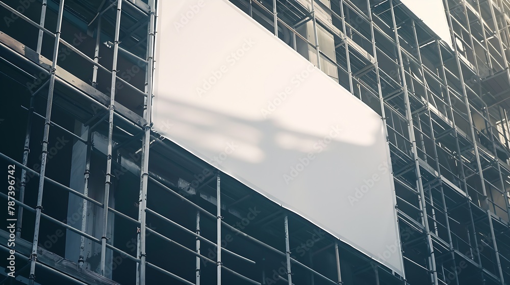 Poster blank white banner for advertisement hanging on the scaffolding of modern building under constructio