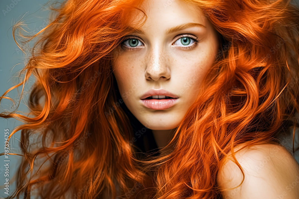 Wall mural A striking woman with long, fiery red hair contrasts against her pale complexion