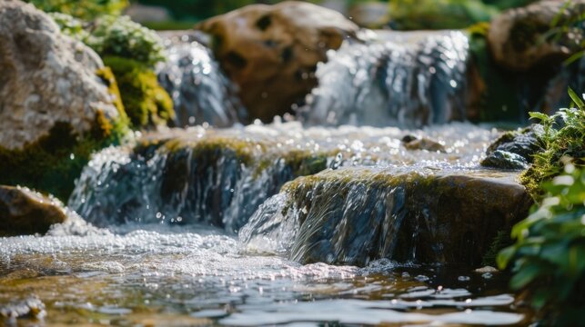 Closeup of a serene nature scene with a gentle waterfall representing the importance of connecting with nature to destress. .