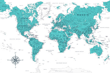 World Map - Highly Detailed Vector Map of the World. Ideally for the Print Posters. Sapphire Blue Green Grey Colors. Topographic Relief