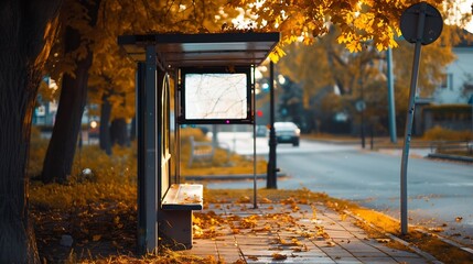 Empty bus stop with mockup space on sidewalk of suburban street at autumn season front view : Generative AI - obrazy, fototapety, plakaty