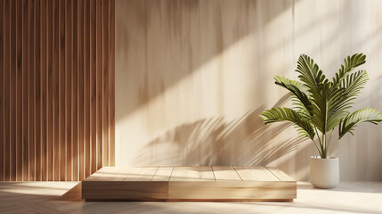 Empty square wooden podium in a sunlit room with a potted plant. Empty copy space. Generative AI