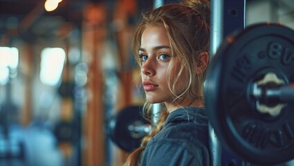 Woman in sportswear lifting weights in a modern gym, focusing on strength training