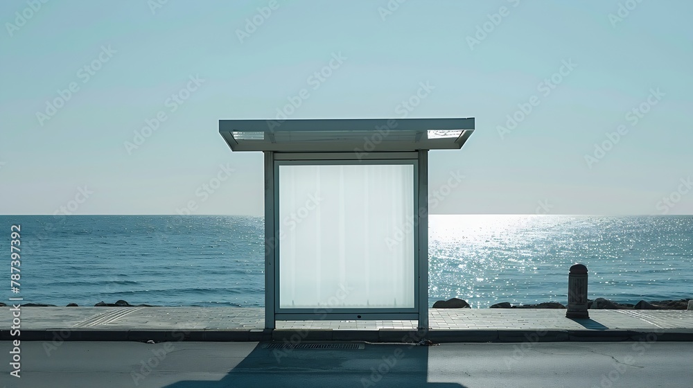 Poster blank advertisement in a bus stop next to the sea : generative ai