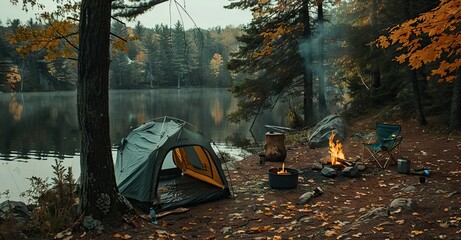 Camping tent, camping chair and fire in the forest near lake on autumn day copy space. AI generated illustration