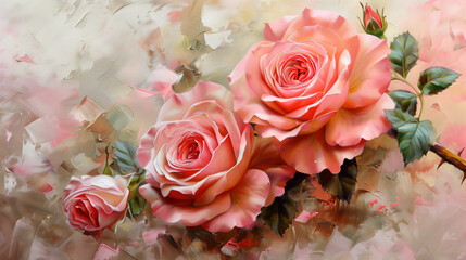 pink roses in the style of an acrylic painting, light background, oil painting, Generative AI