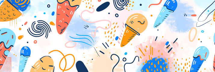 Naklejka premium Ice cream, fruit, and playful shapes on light background banner. Colorful abstract illustration. Panoramic web header. Wide screen wallpaper