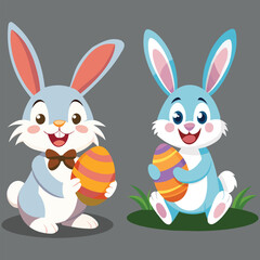 Fototapeta premium Easter Sunday design elements of cute face bunny with easter eggs flat color vector clip art illustration