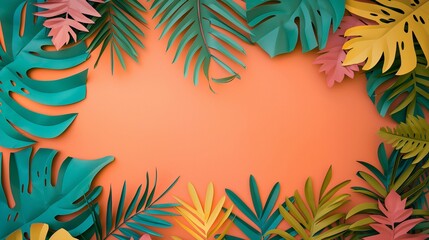 Fototapeta na wymiar Colorful Paper Tropical Leaves on Vibrant Orange Background for Creative Projects
