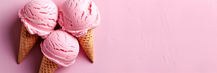 Fototapeta na wymiar Strawberry ice cream cones on pink background with copy space banner. Panoramic web header. Wide screen wallpaper