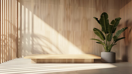 Empty square wooden podium in a sunlit room with a potted plant. Empty copy space. Generative AI