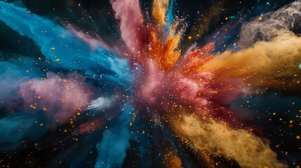 A vivid explosion of multicolored dust powder, each particle suspended in an intricate splatter, captured in high-definition - obrazy, fototapety, plakaty