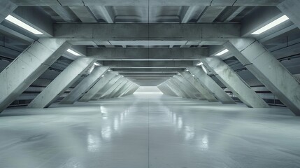 A wide, empty cement floor car park inside a futuristic building, presenting a clean, modern design space in a panoramic shot