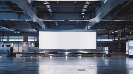 Shot in lowkey of a very large rectangular blank billboard mockup facing a baggage claim in an airport terminal a big white blank advertisement template indoors in front of a baggage h : Generative AI