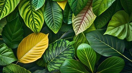An array of vibrant tropical leaves, each distinct in shape and texture, presented in high-definition against a tranquil background